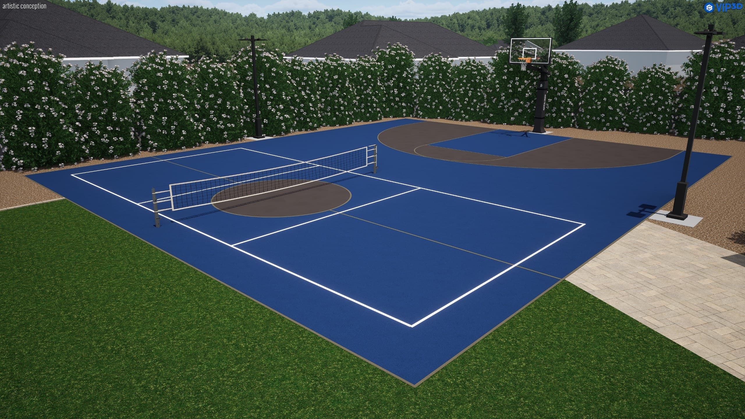 3D design concept rendering of a multi-sport court with pickleball lines and a basketball hoop in daylight