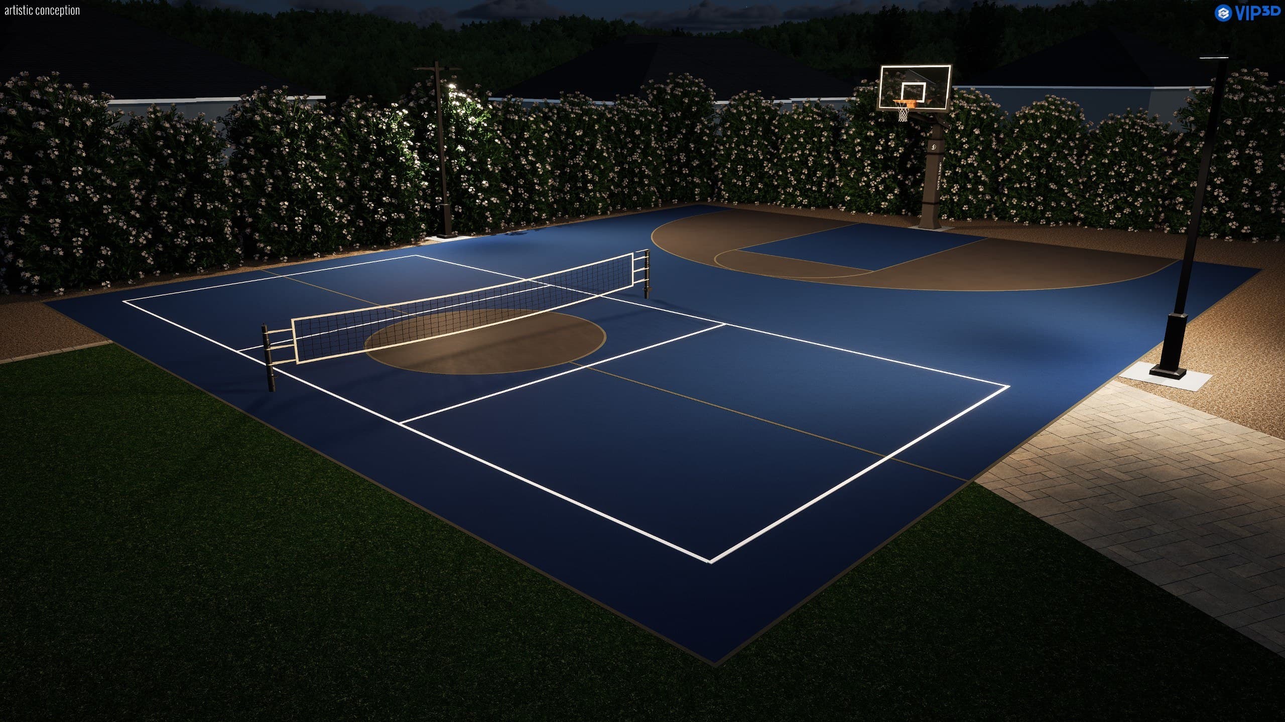 The same 3D design concept rendered at night, with court lights on