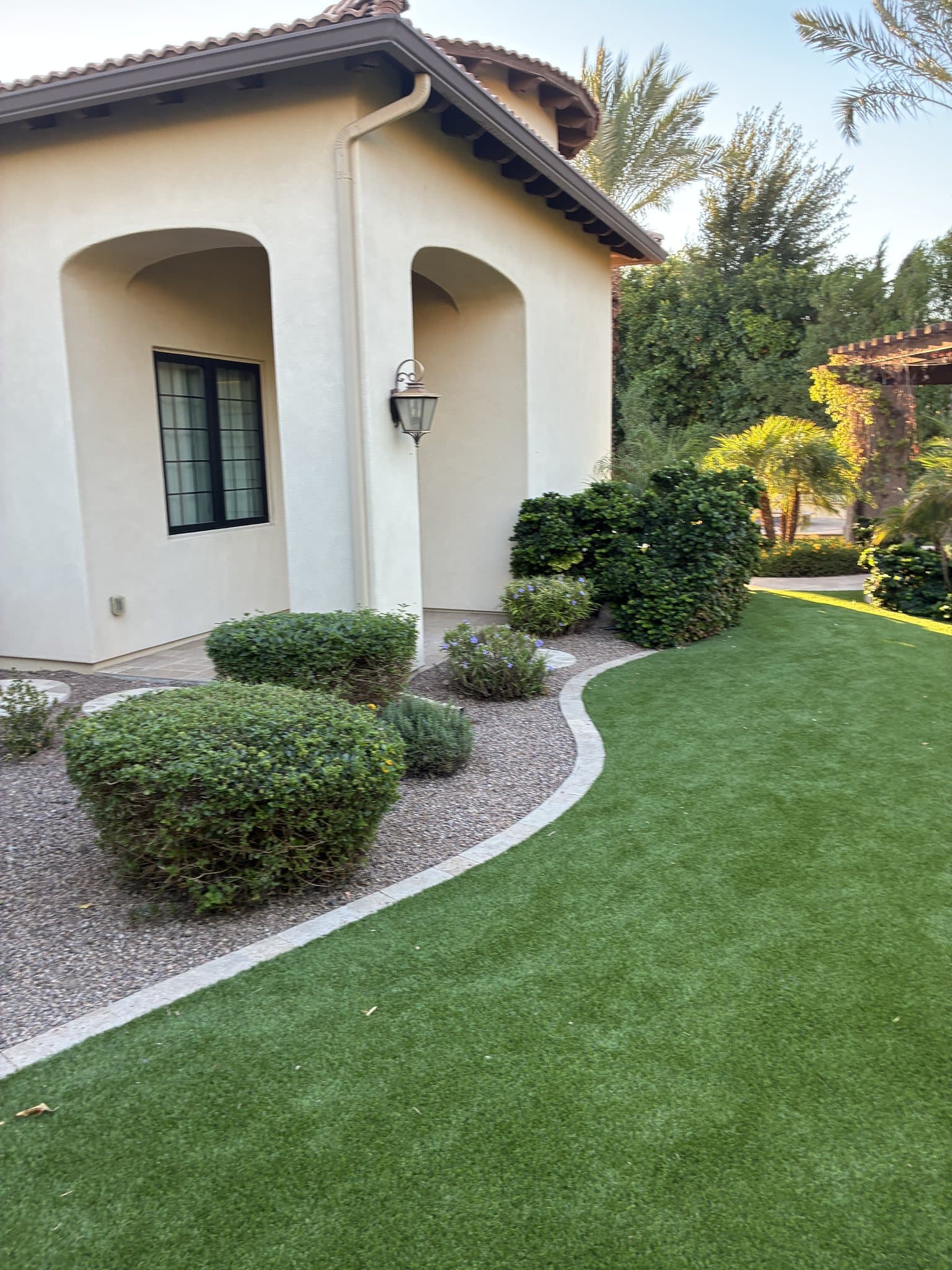 A turf lawn with a curving edge along a gravel planting bed beside the house, with rounded shrubs and taller planting behind